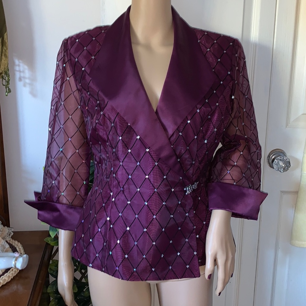 Vintage 80s sparkling sheer organza purple satin wrap blazer jacket M L - Picture 5 of 16